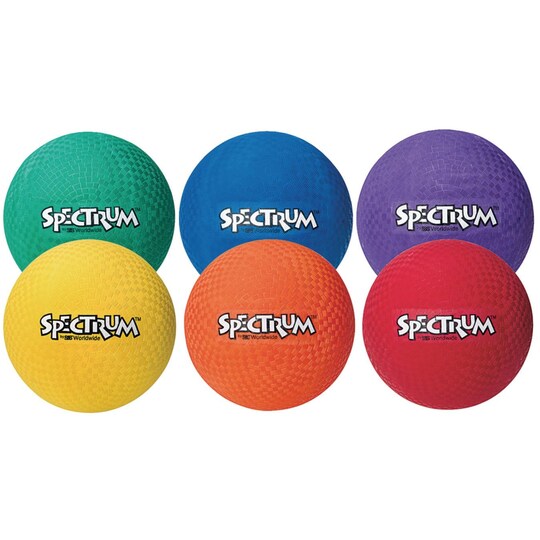S&S Worldwide; S&S Worldwide Spectrum Playground Balls, 8-1/2". Classic 2-Ply Playground Balls. Perfect for 4-Square, Kickball, Recess, Backyard Play or Dodgeball. Textured Finish Balls in a Set of 6 Colors.; Category:Balls; Image:1
